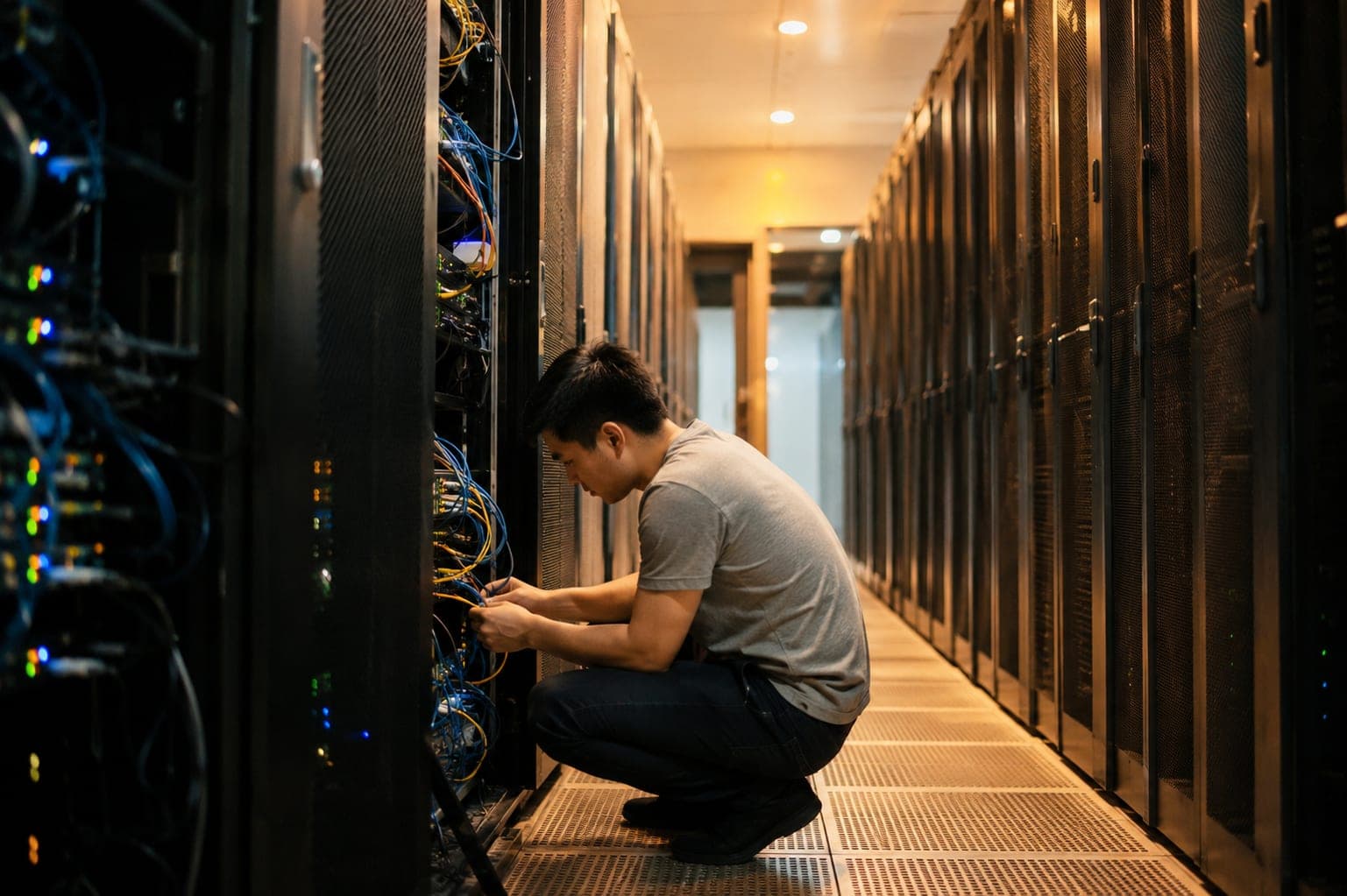 Kỹ thuật viên kiểm tra dây cáp trong một dãy tủ máy chủ