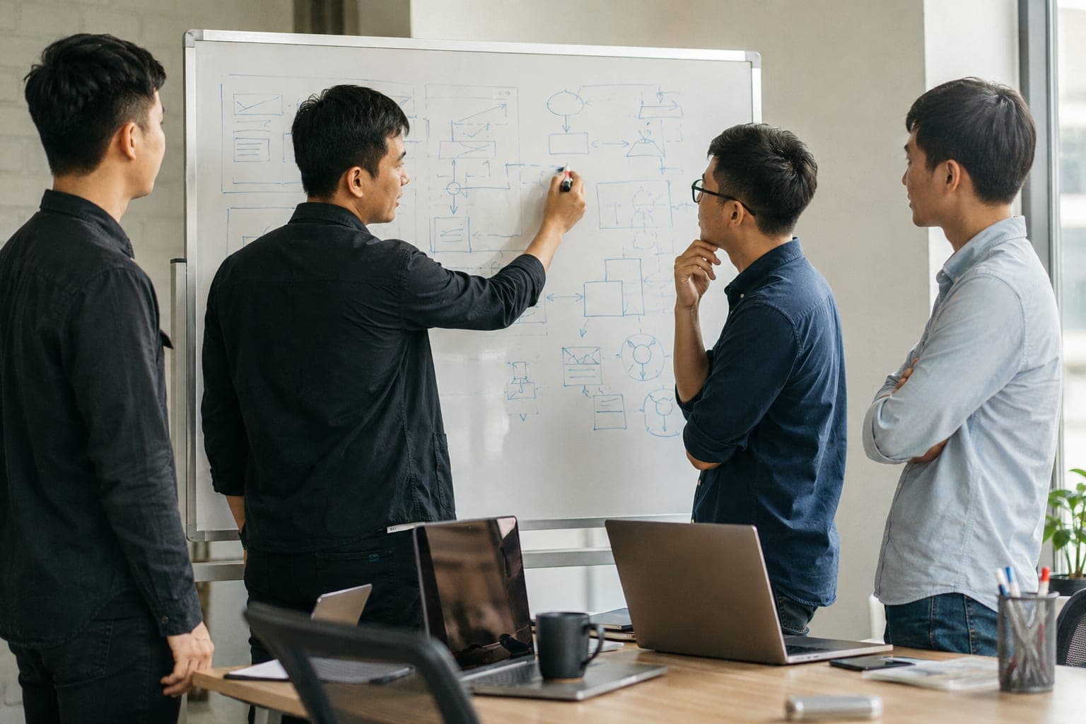 Nhóm kỹ sư trẻ thảo luận quanh bảng trắng trong văn phòng nhỏ