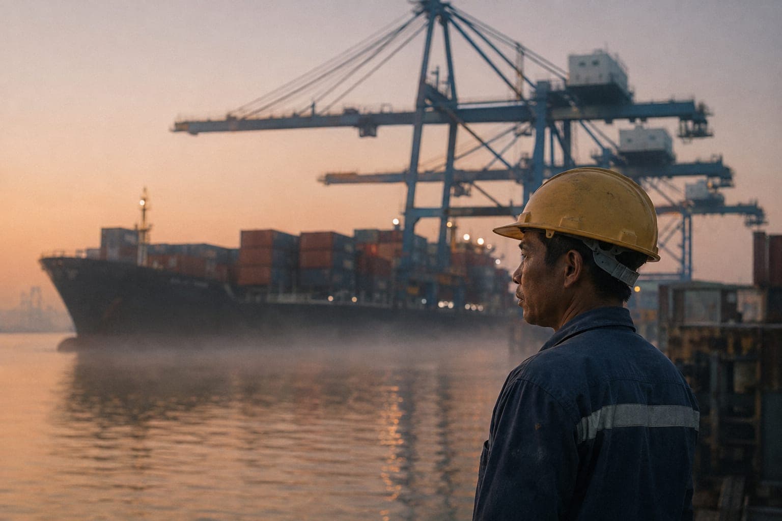 Cảng container với cần cẩu giàn lúc rạng sáng
